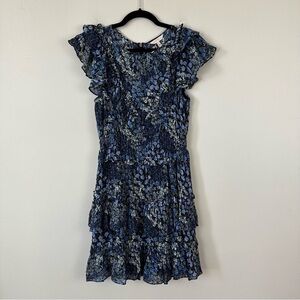 Rebecca Taylor | Blue Floral Tiered Ruffle 100% Silk Mini Dress Size 10